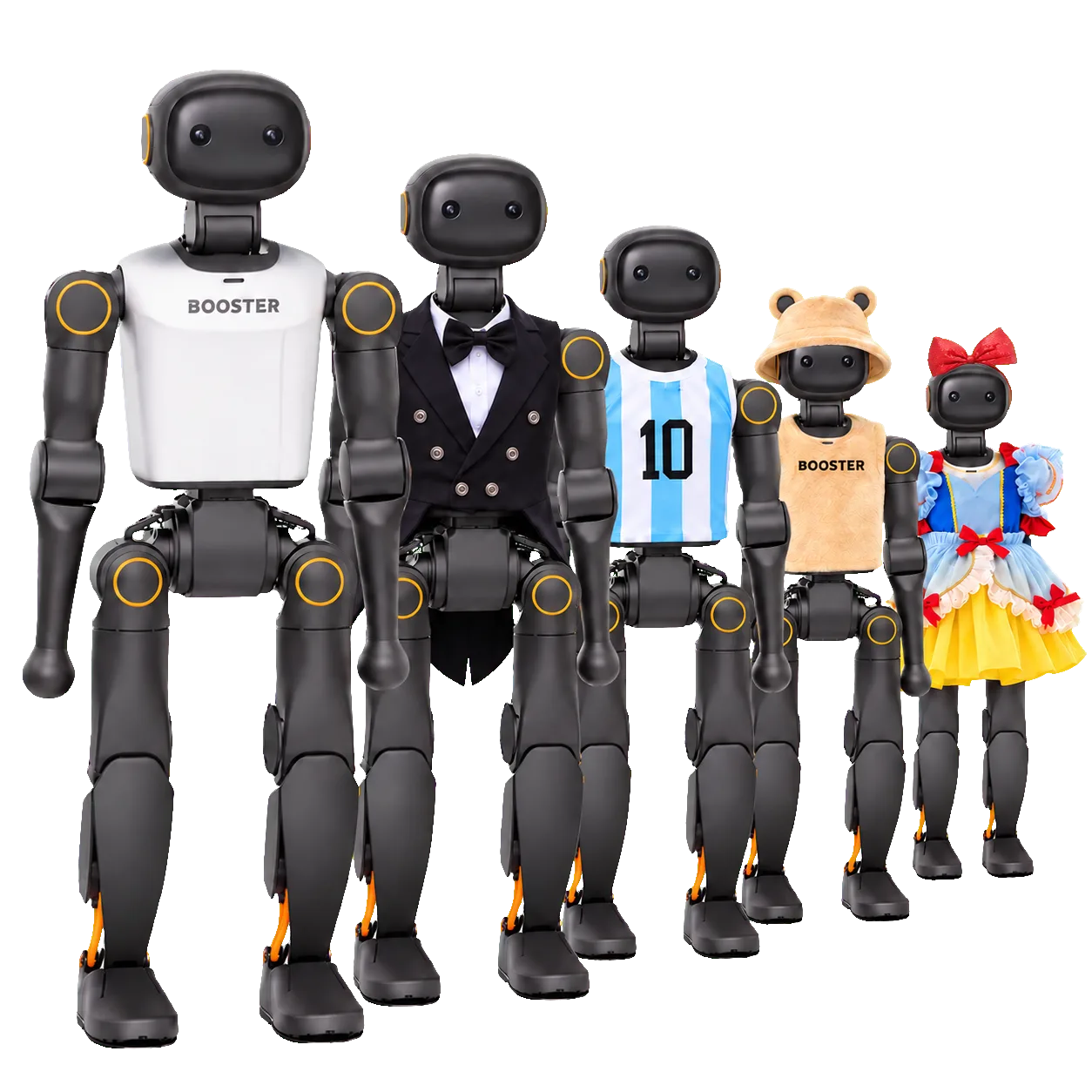 Five Booster K1 robots: bare, tuxedo, football shirt, safari outfit and princess dress