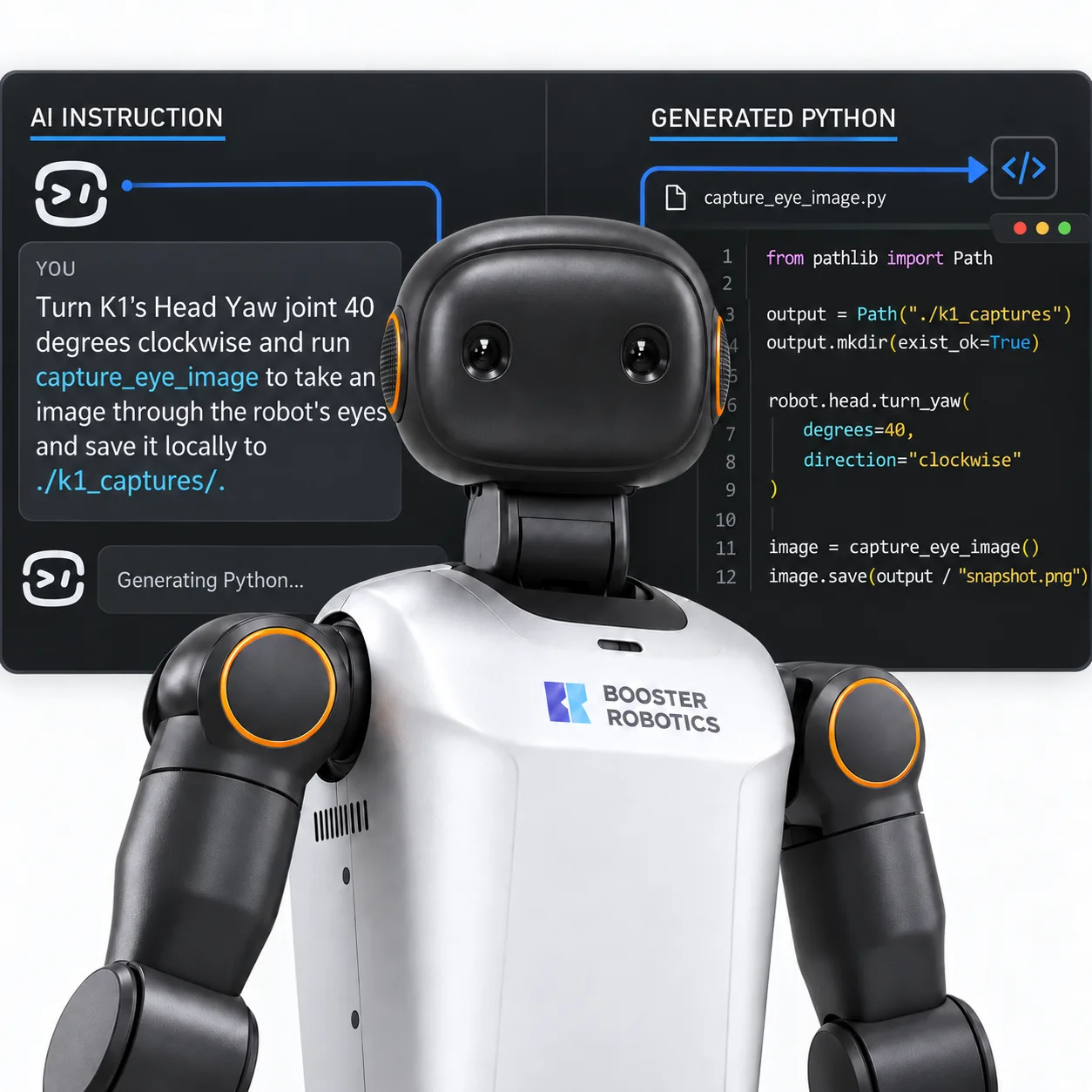 K1 humanoid robot between an AI assistant prompt and a Python code panel