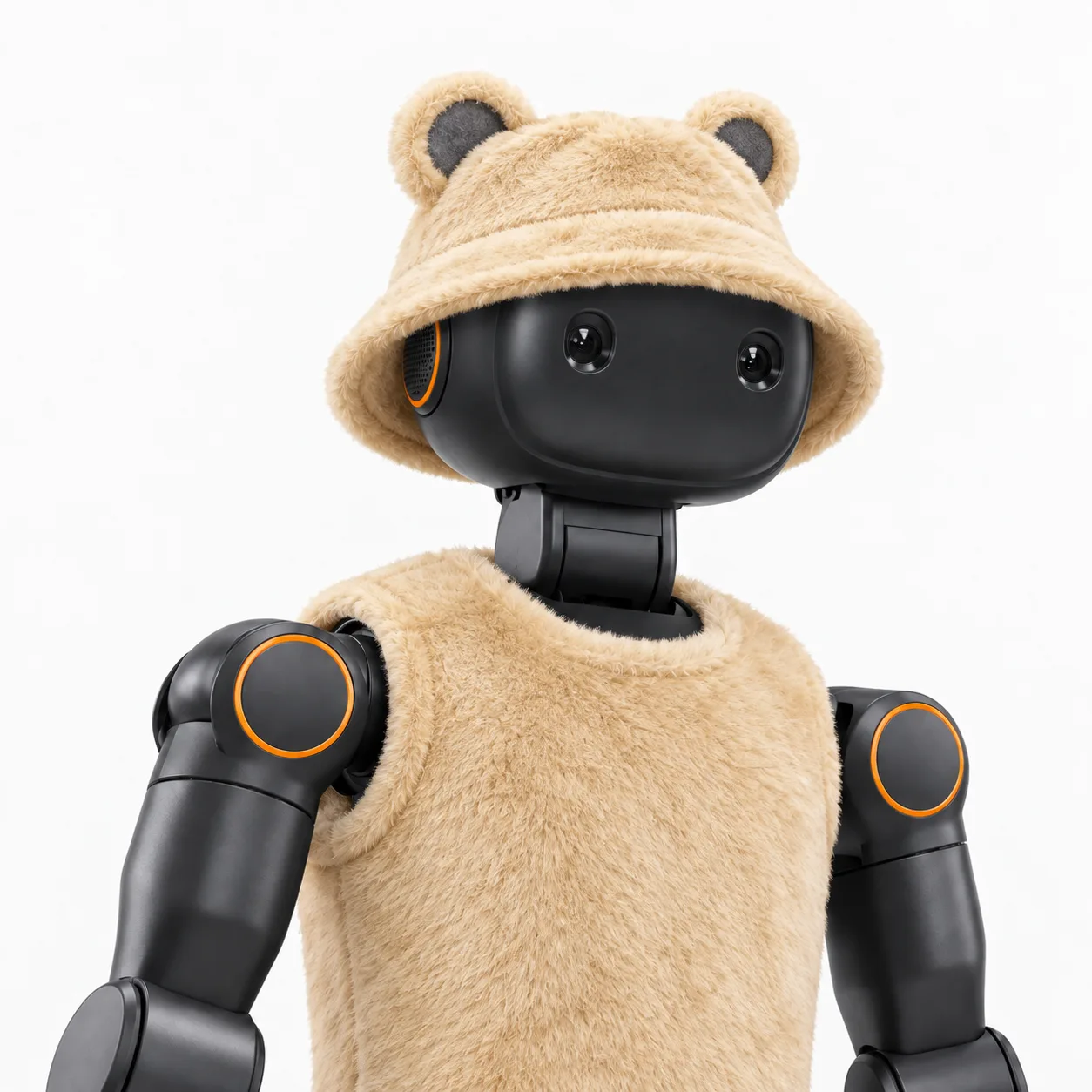 K1 humanoid robot wearing a plush bear hat and vest